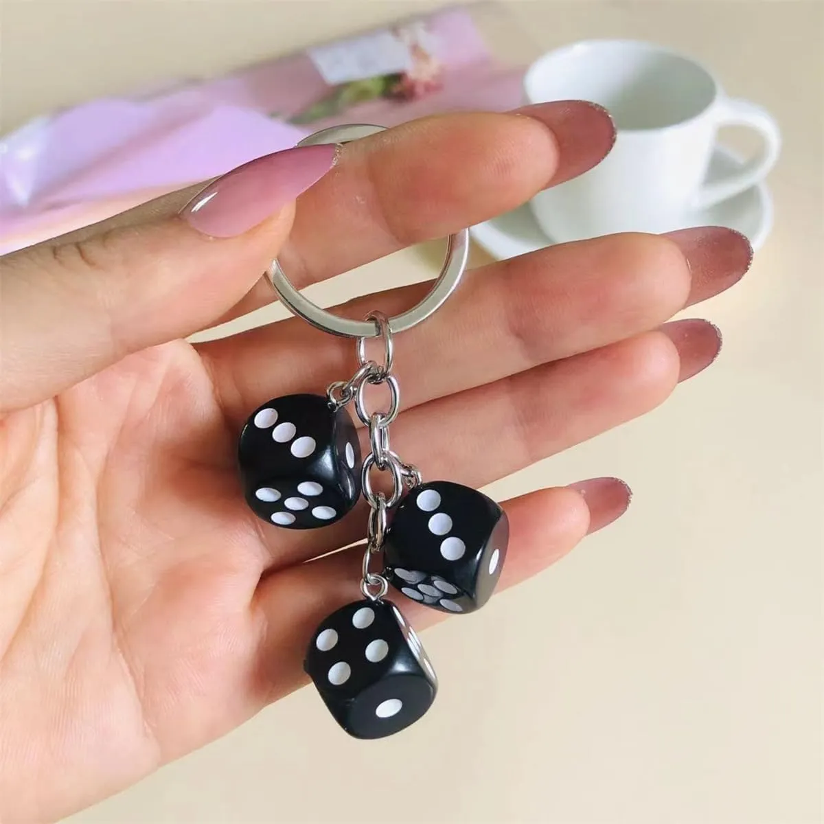 Dice Keychain for Women Men Funny Black Red Blue Resin Dice Cube Tassel Keyring Holder for Handbag Backpack Charms