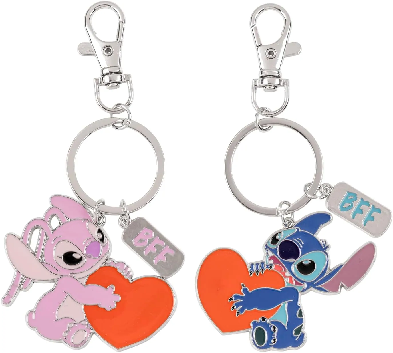 Disney Stitch & Angel Kids Cartoon BFF Heart Charm 2Pcs Keychain Set, Multicolour, One Size