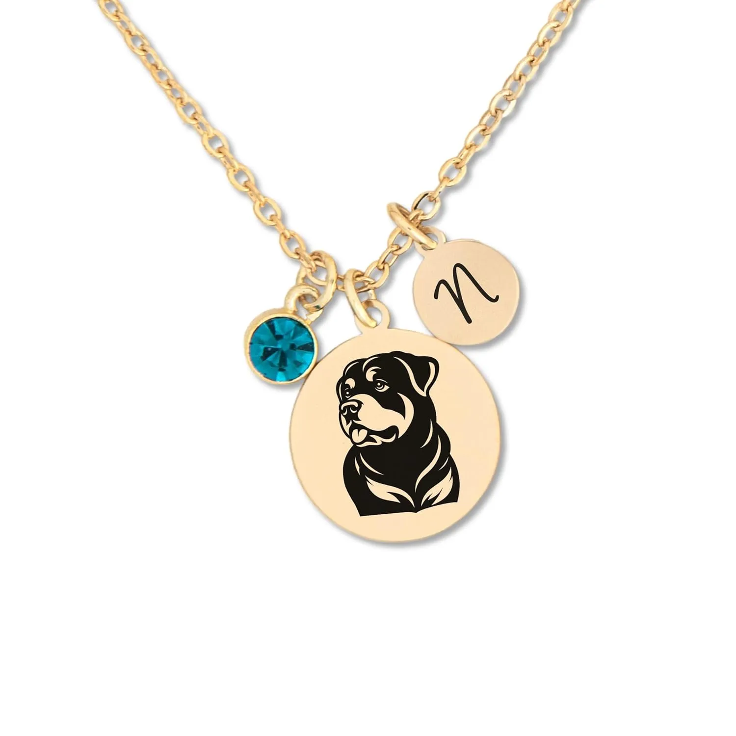 Dog Necklace for Women, Rottweiler Necklace Pet Jewelry, Personalized Gift for Dog Mom, Choice of Initial and Birthstone, 18K Gold or Silver Plate