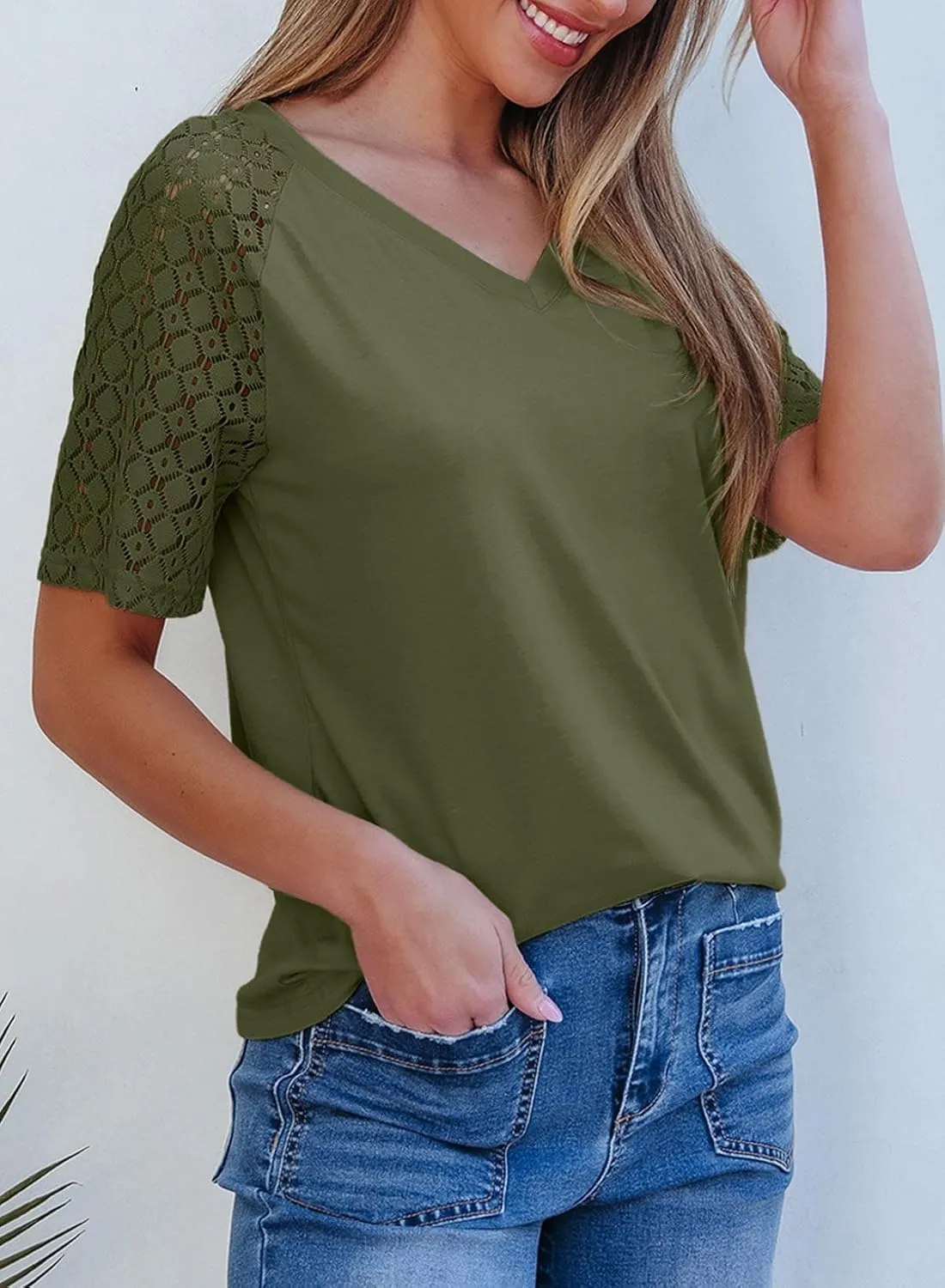 Dokotoo Spring Tops for Women 2025 Lace Short Sleeve Shirts V Neck Casual T Shirts Summer Outfits