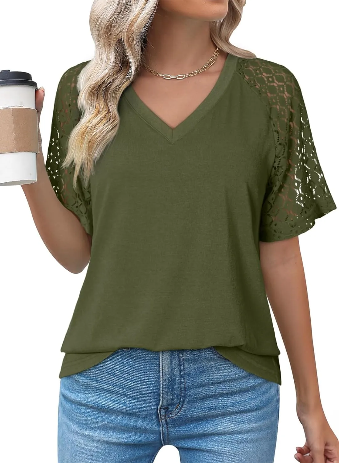 Dokotoo Spring Tops for Women 2025 Lace Short Sleeve Shirts V Neck Casual T Shirts Summer Outfits
