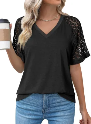 Dokotoo Spring Tops for Women 2025 Lace Short Sleeve Shirts V Neck Casual T Shirts Summer Outfits