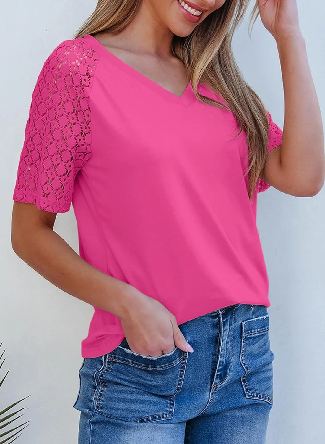 Dokotoo Spring Tops for Women 2025 Lace Short Sleeve Shirts V Neck Casual T Shirts Summer Outfits