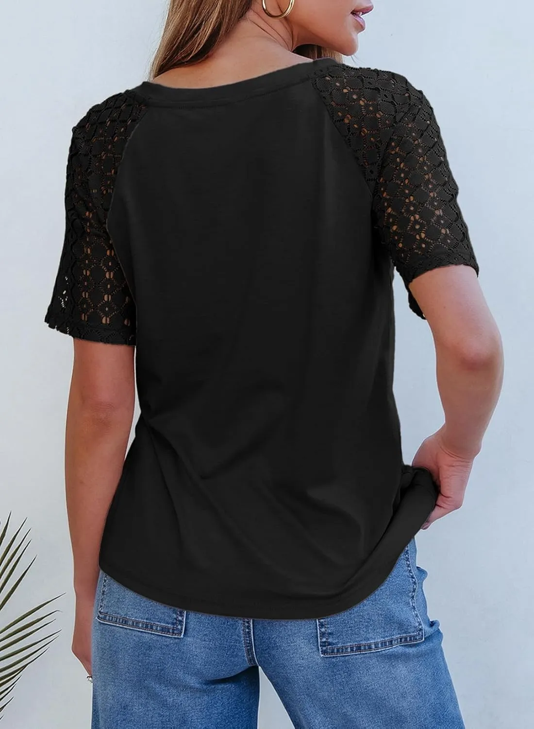 Dokotoo Spring Tops for Women 2025 Lace Short Sleeve Shirts V Neck Casual T Shirts Summer Outfits