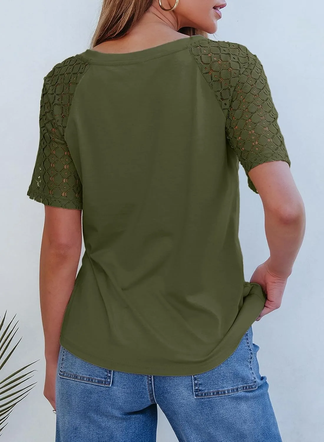 Dokotoo Spring Tops for Women 2025 Lace Short Sleeve Shirts V Neck Casual T Shirts Summer Outfits
