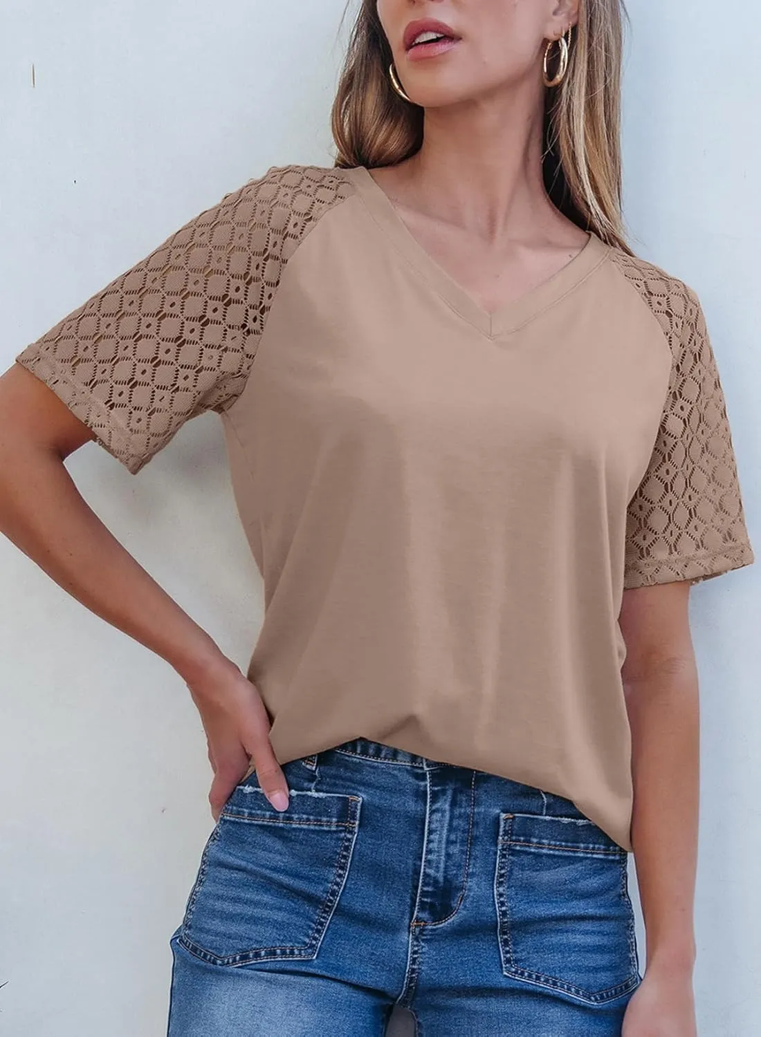 Dokotoo Spring Tops for Women 2025 Lace Short Sleeve Shirts V Neck Casual T Shirts Summer Outfits