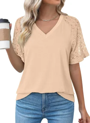 Dokotoo Spring Tops for Women 2025 Lace Short Sleeve Shirts V Neck Casual T Shirts Summer Outfits