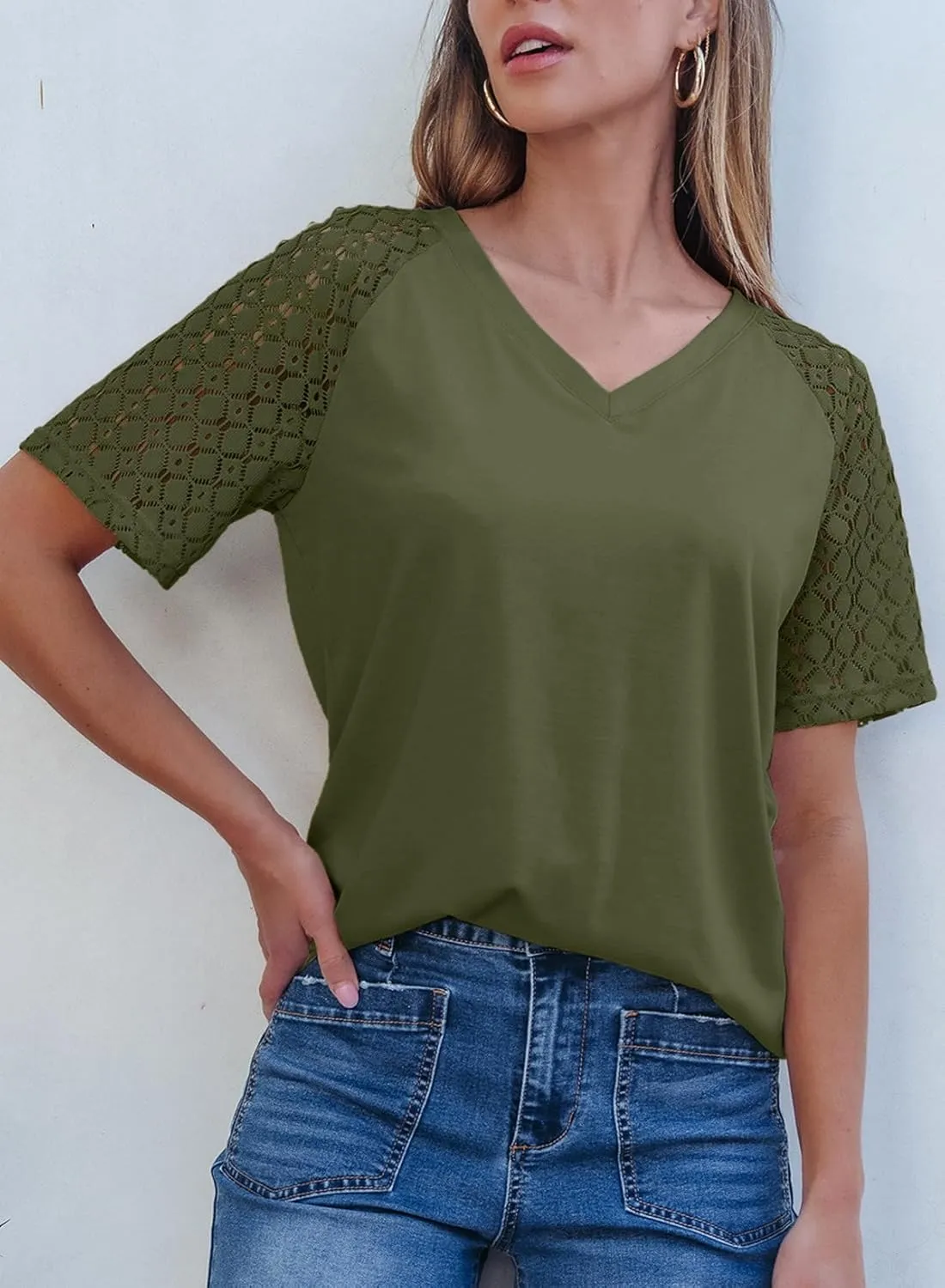 Dokotoo Spring Tops for Women 2025 Lace Short Sleeve Shirts V Neck Casual T Shirts Summer Outfits