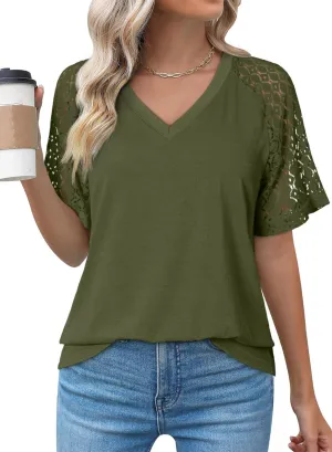 Dokotoo Spring Tops for Women 2025 Lace Short Sleeve Shirts V Neck Casual T Shirts Summer Outfits