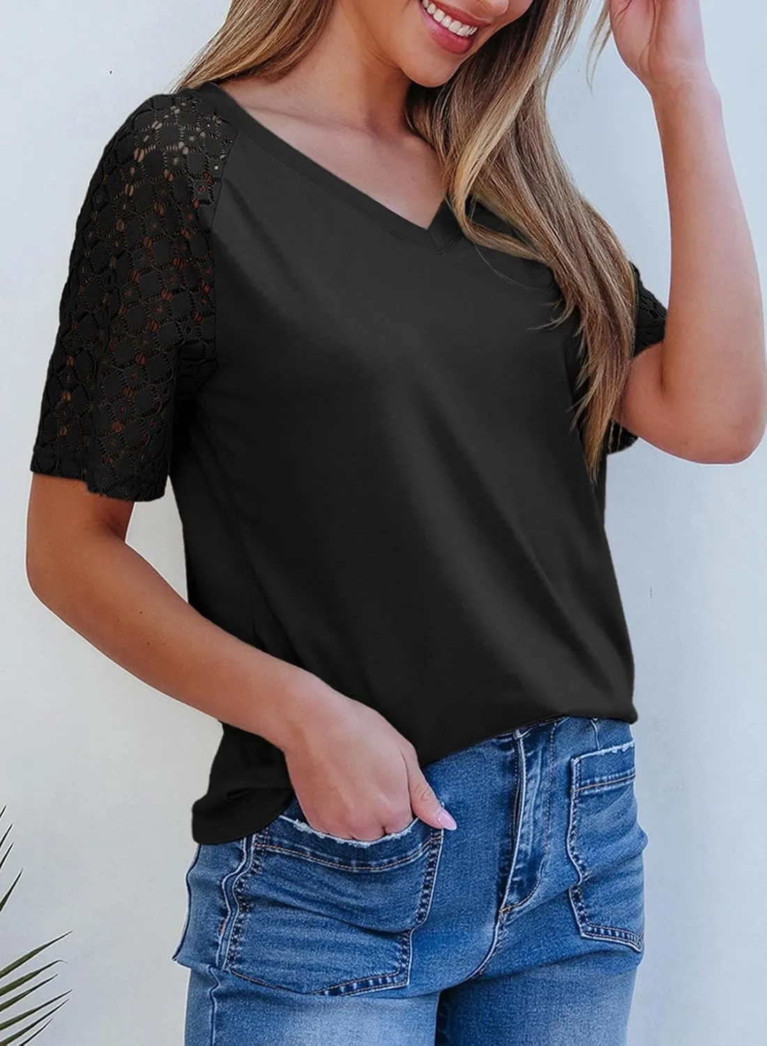 Dokotoo Spring Tops for Women 2025 Lace Short Sleeve Shirts V Neck Casual T Shirts Summer Outfits