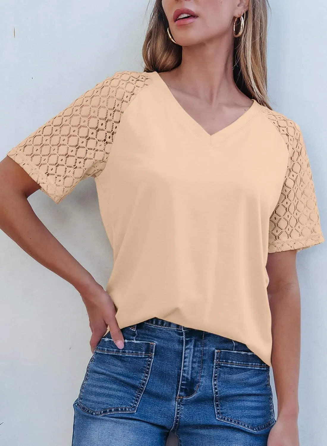Dokotoo Spring Tops for Women 2025 Lace Short Sleeve Shirts V Neck Casual T Shirts Summer Outfits