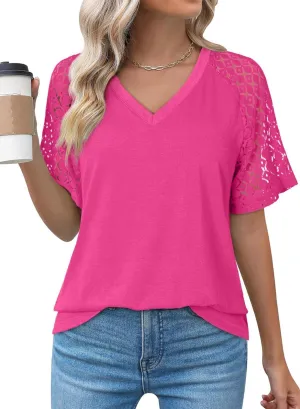 Dokotoo Spring Tops for Women 2025 Lace Short Sleeve Shirts V Neck Casual T Shirts Summer Outfits