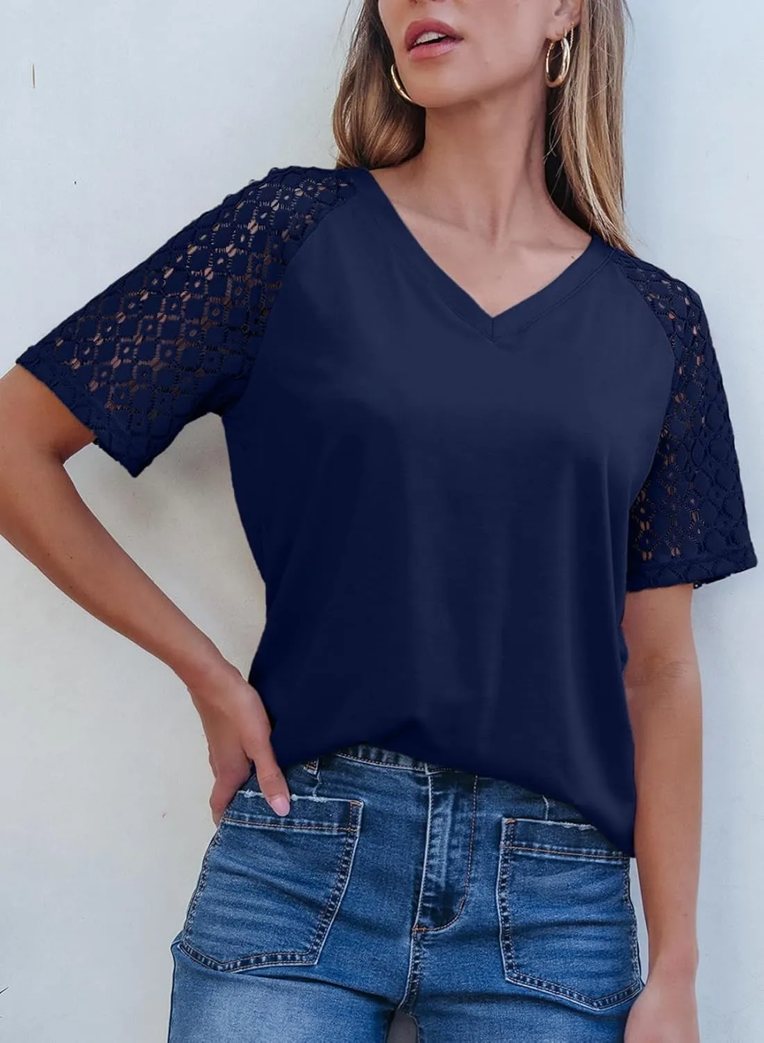 Dokotoo Spring Tops for Women 2025 Lace Short Sleeve Shirts V Neck Casual T Shirts Summer Outfits