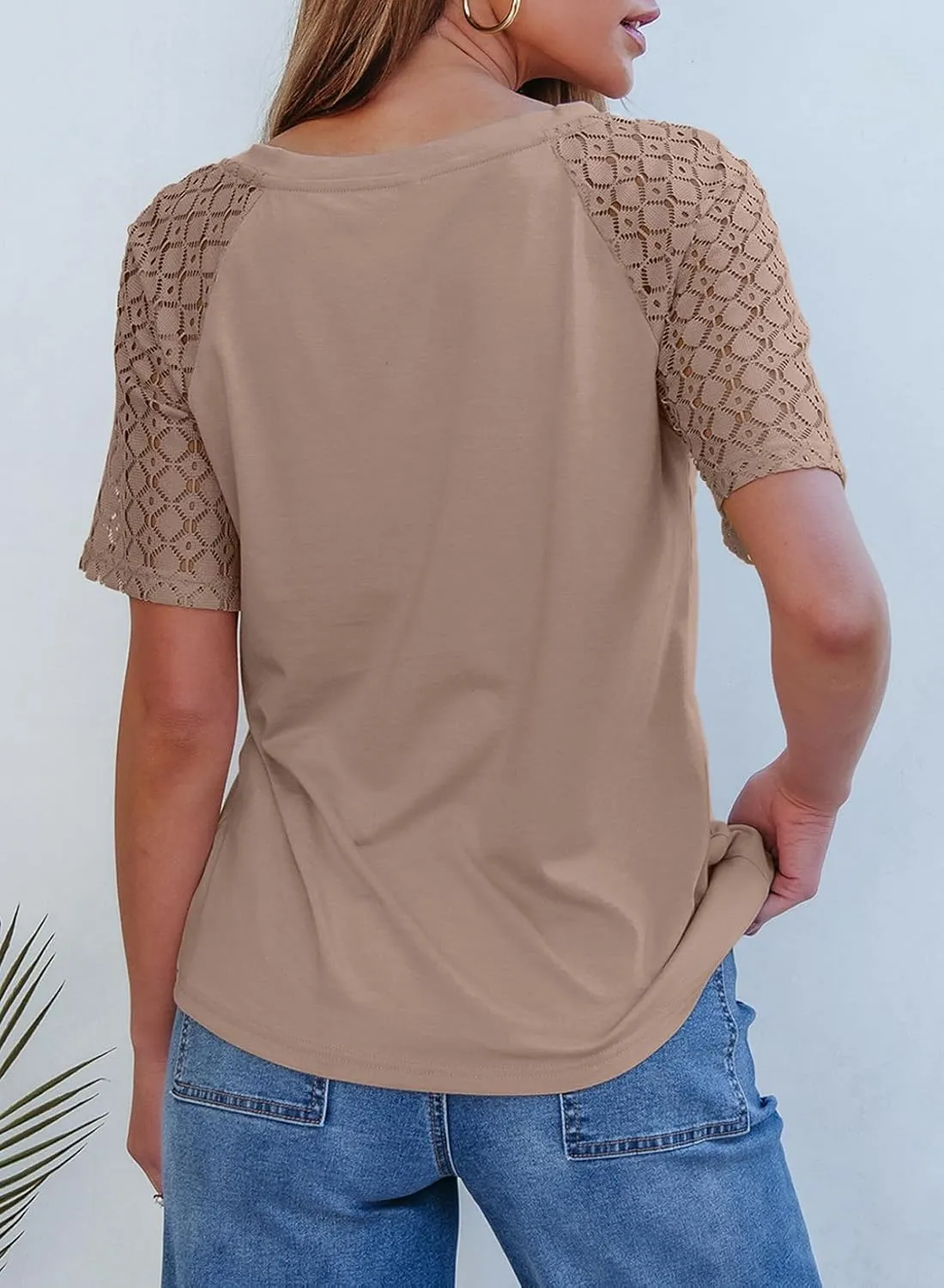 Dokotoo Spring Tops for Women 2025 Lace Short Sleeve Shirts V Neck Casual T Shirts Summer Outfits