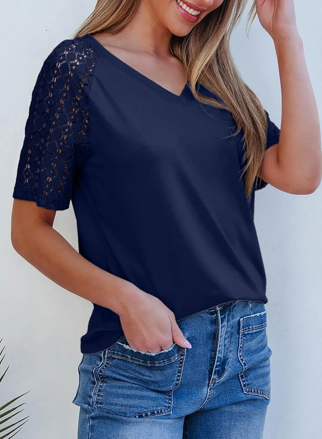 Dokotoo Spring Tops for Women 2025 Lace Short Sleeve Shirts V Neck Casual T Shirts Summer Outfits