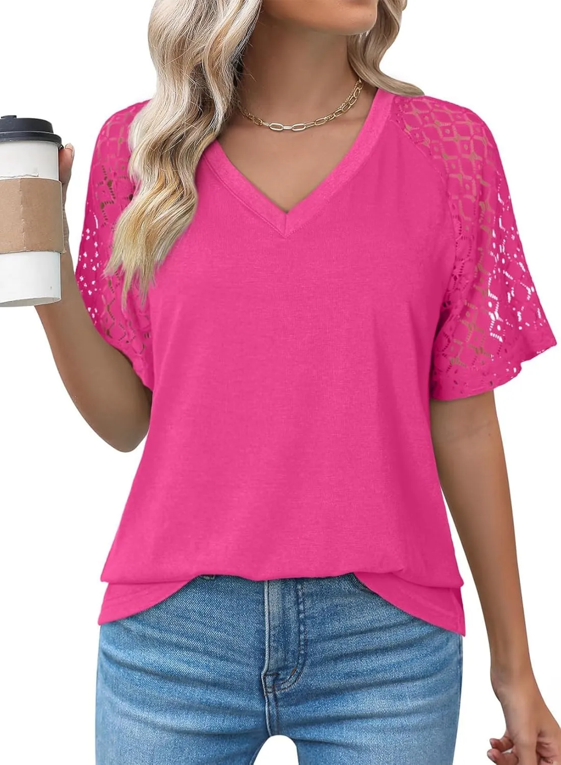 Dokotoo Spring Tops for Women 2025 Lace Short Sleeve Shirts V Neck Casual T Shirts Summer Outfits