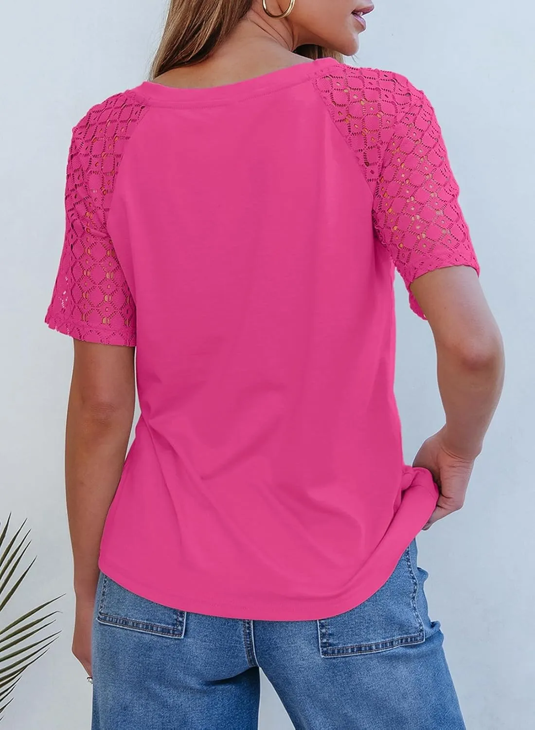 Dokotoo Spring Tops for Women 2025 Lace Short Sleeve Shirts V Neck Casual T Shirts Summer Outfits