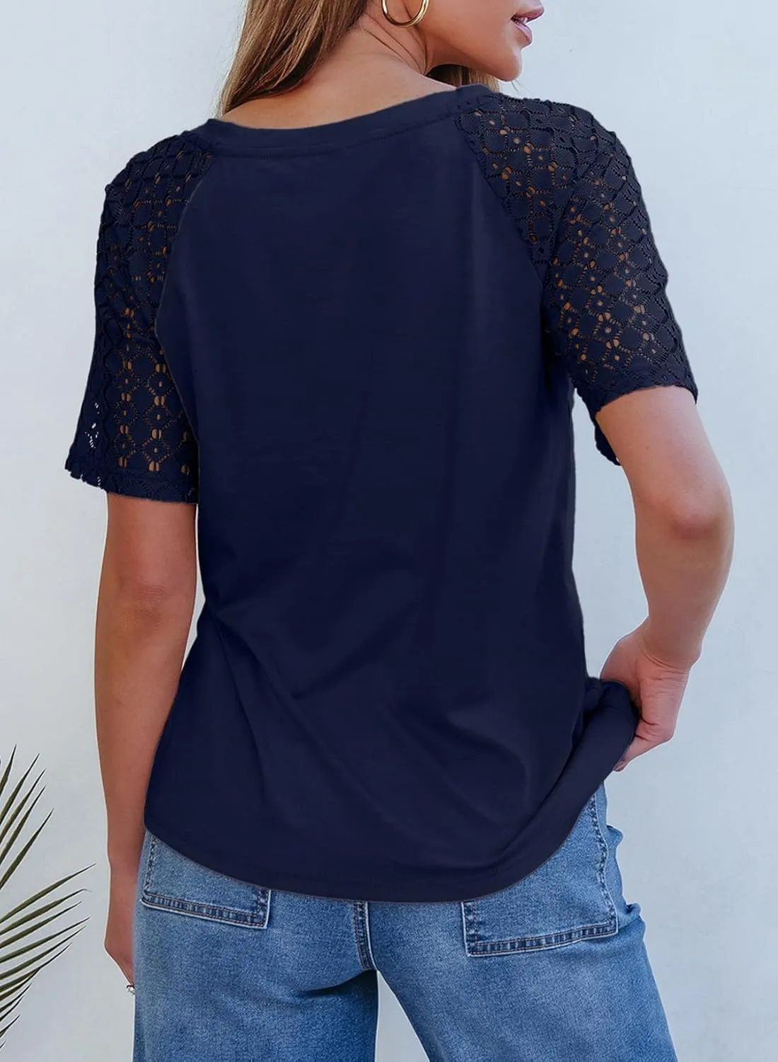 Dokotoo Spring Tops for Women 2025 Lace Short Sleeve Shirts V Neck Casual T Shirts Summer Outfits