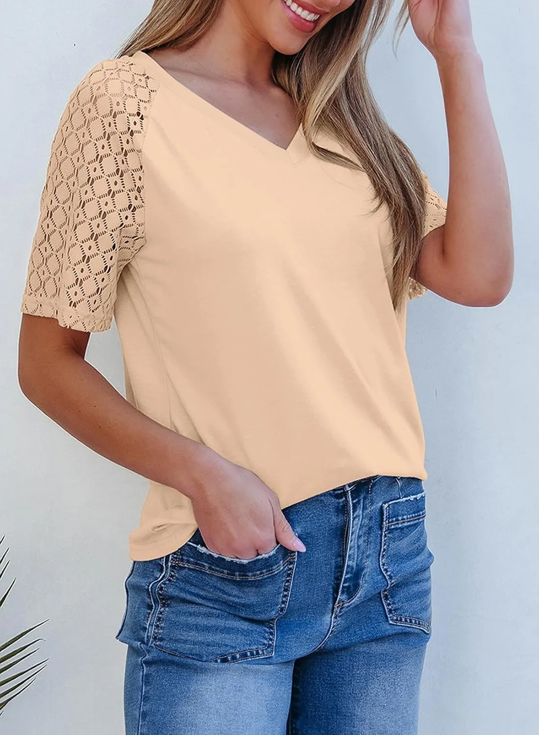 Dokotoo Spring Tops for Women 2025 Lace Short Sleeve Shirts V Neck Casual T Shirts Summer Outfits