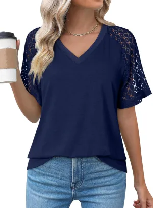 Dokotoo Spring Tops for Women 2025 Lace Short Sleeve Shirts V Neck Casual T Shirts Summer Outfits