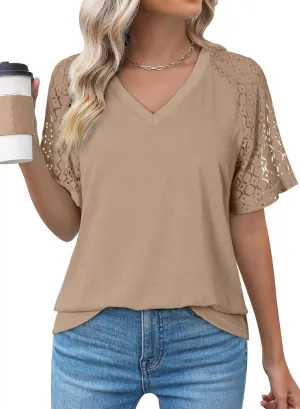 Dokotoo Spring Tops for Women 2025 Lace Short Sleeve Shirts V Neck Casual T Shirts Summer Outfits