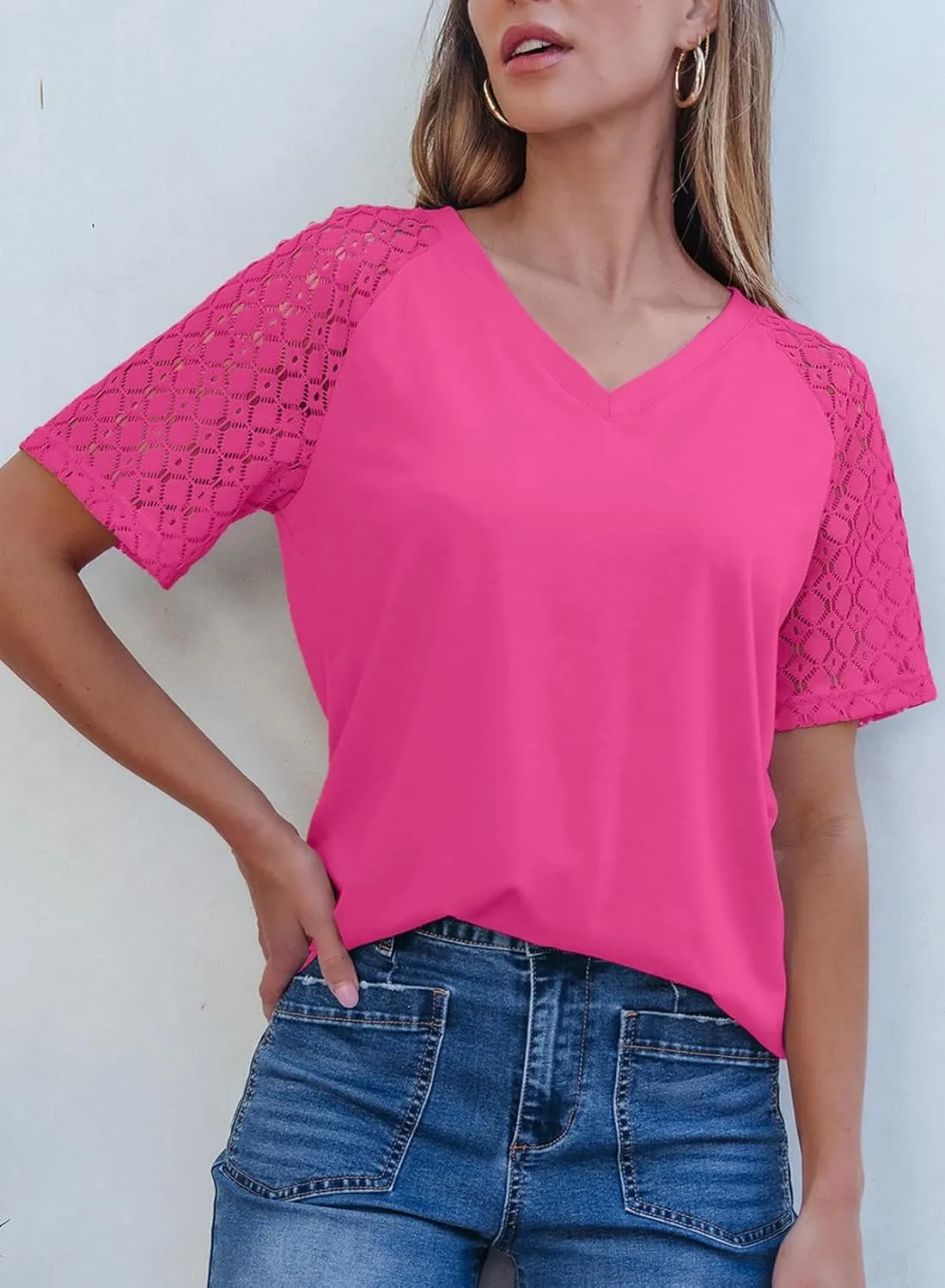 Dokotoo Spring Tops for Women 2025 Lace Short Sleeve Shirts V Neck Casual T Shirts Summer Outfits