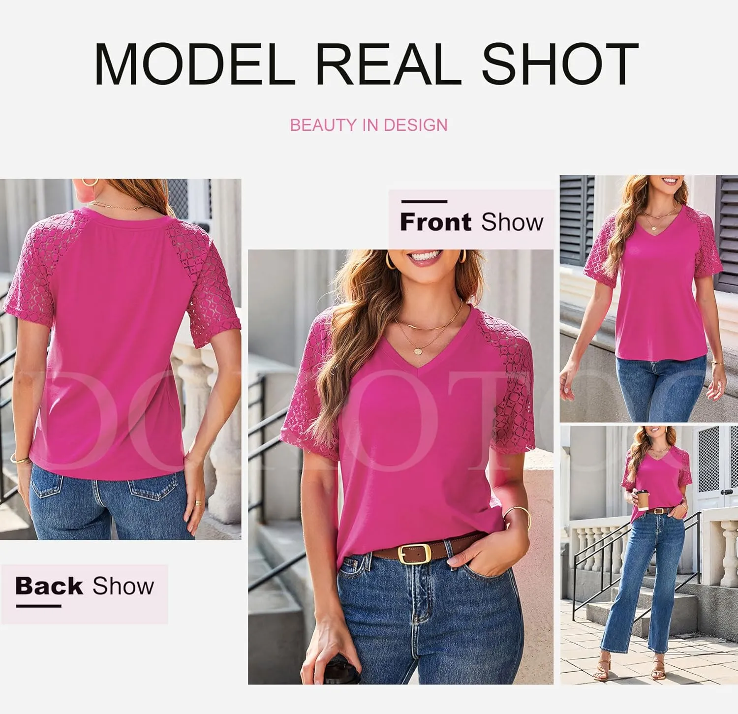 Dokotoo Spring Tops for Women 2025 Lace Short Sleeve Shirts V Neck Casual T Shirts Summer Outfits