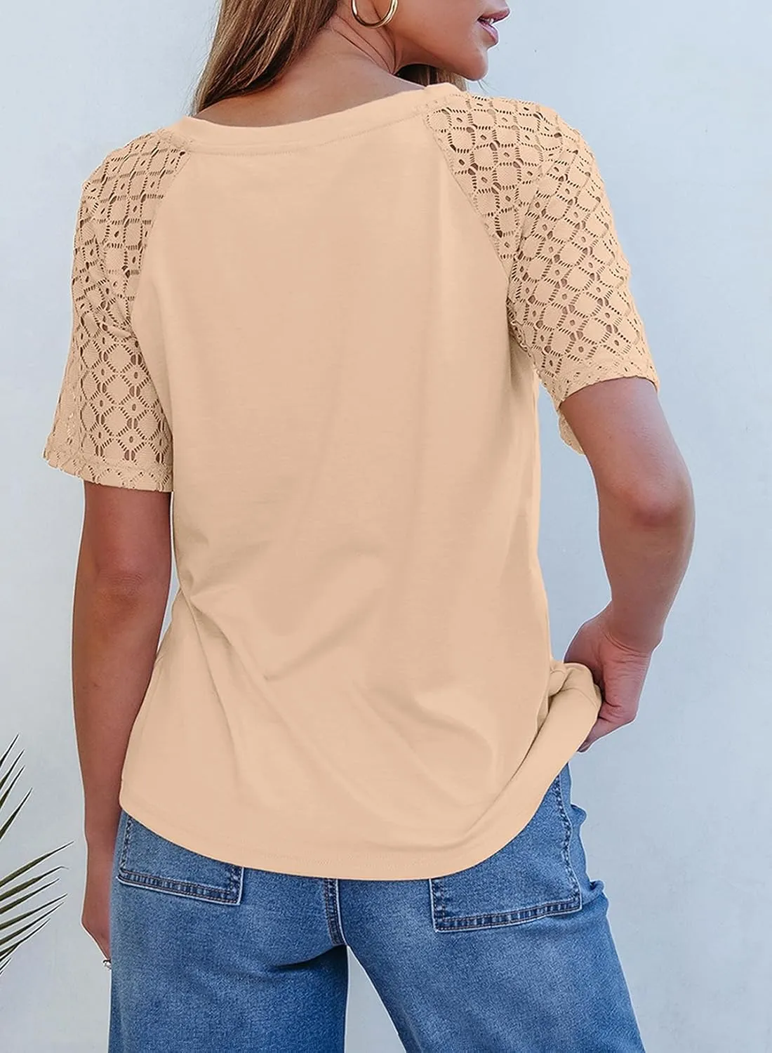 Dokotoo Spring Tops for Women 2025 Lace Short Sleeve Shirts V Neck Casual T Shirts Summer Outfits