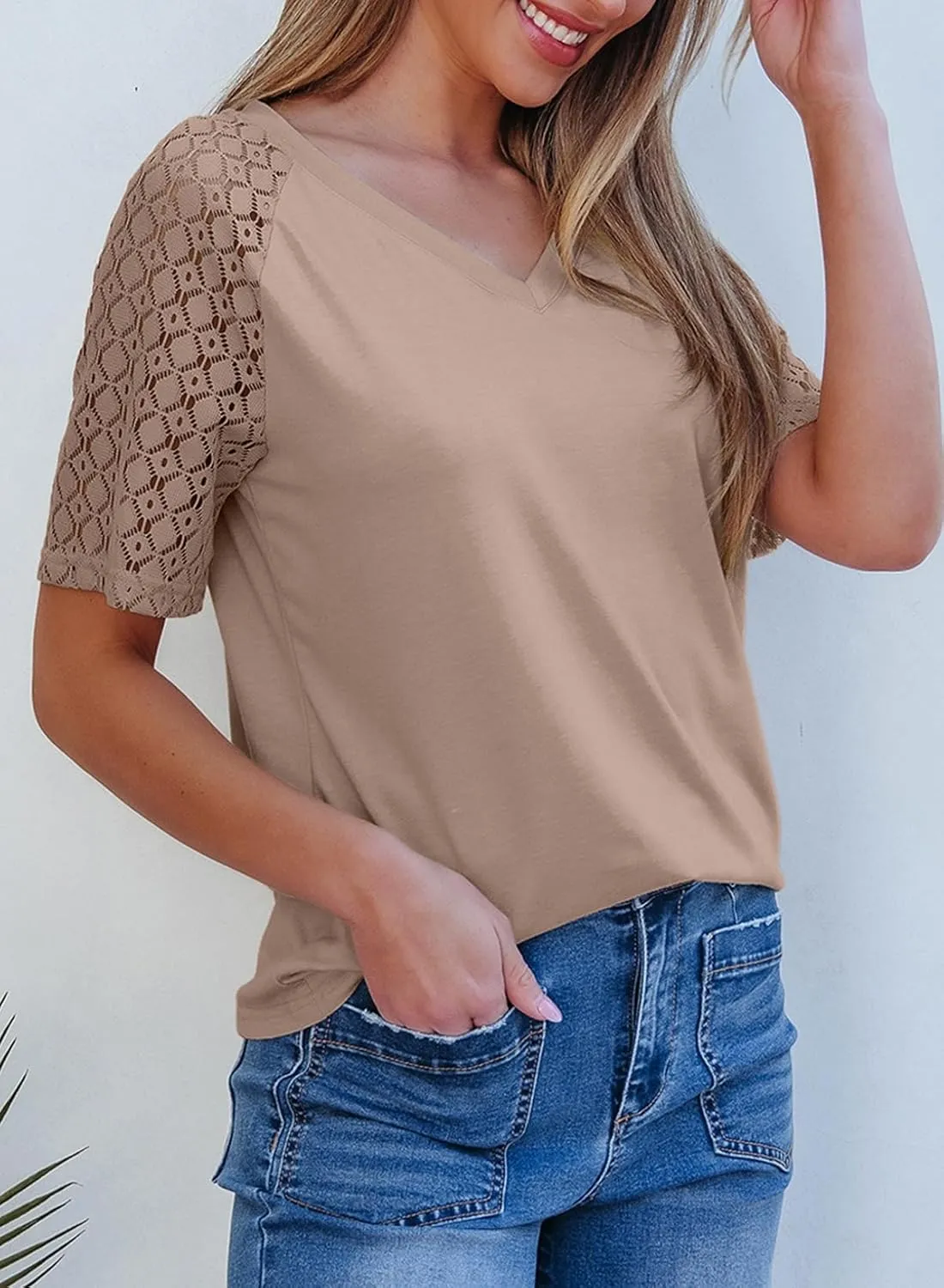 Dokotoo Spring Tops for Women 2025 Lace Short Sleeve Shirts V Neck Casual T Shirts Summer Outfits