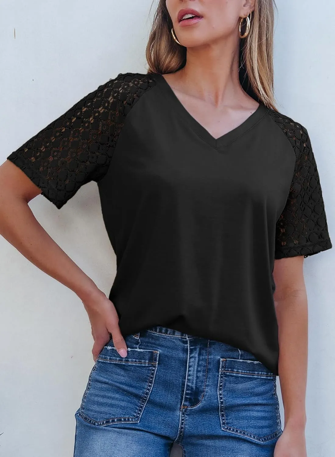 Dokotoo Spring Tops for Women 2025 Lace Short Sleeve Shirts V Neck Casual T Shirts Summer Outfits