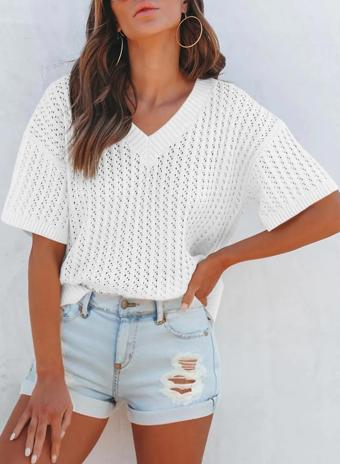 Dokotoo Womens Casual Summer Tops V Neck Short Sleeve Shirts Solid Hollow Out Lightweight Loose Fit Sweater Blouses
