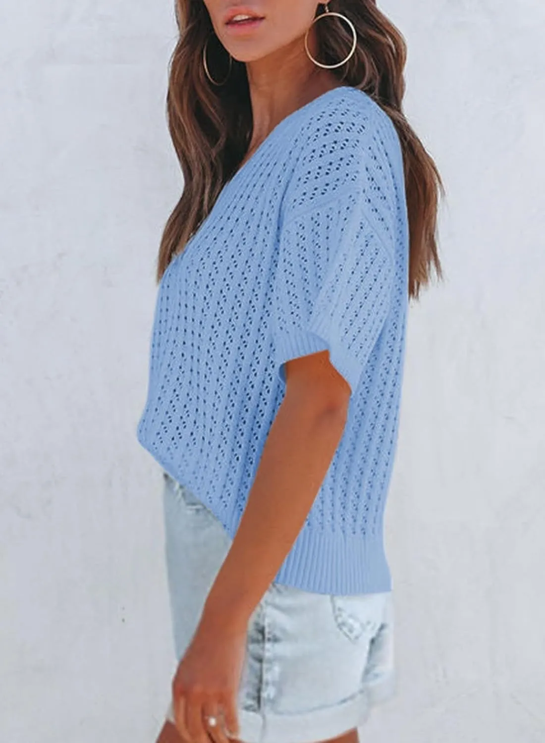 Dokotoo Womens Casual Summer Tops V Neck Short Sleeve Shirts Solid Hollow Out Lightweight Loose Fit Sweater Blouses