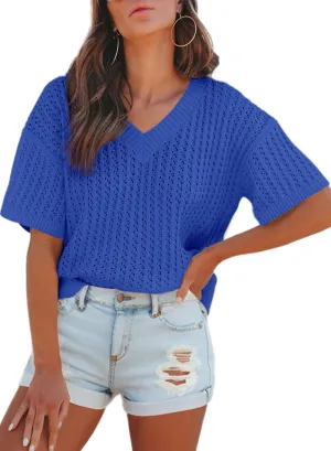 Dokotoo Womens Casual Summer Tops V Neck Short Sleeve Shirts Solid Hollow Out Lightweight Loose Fit Sweater Blouses