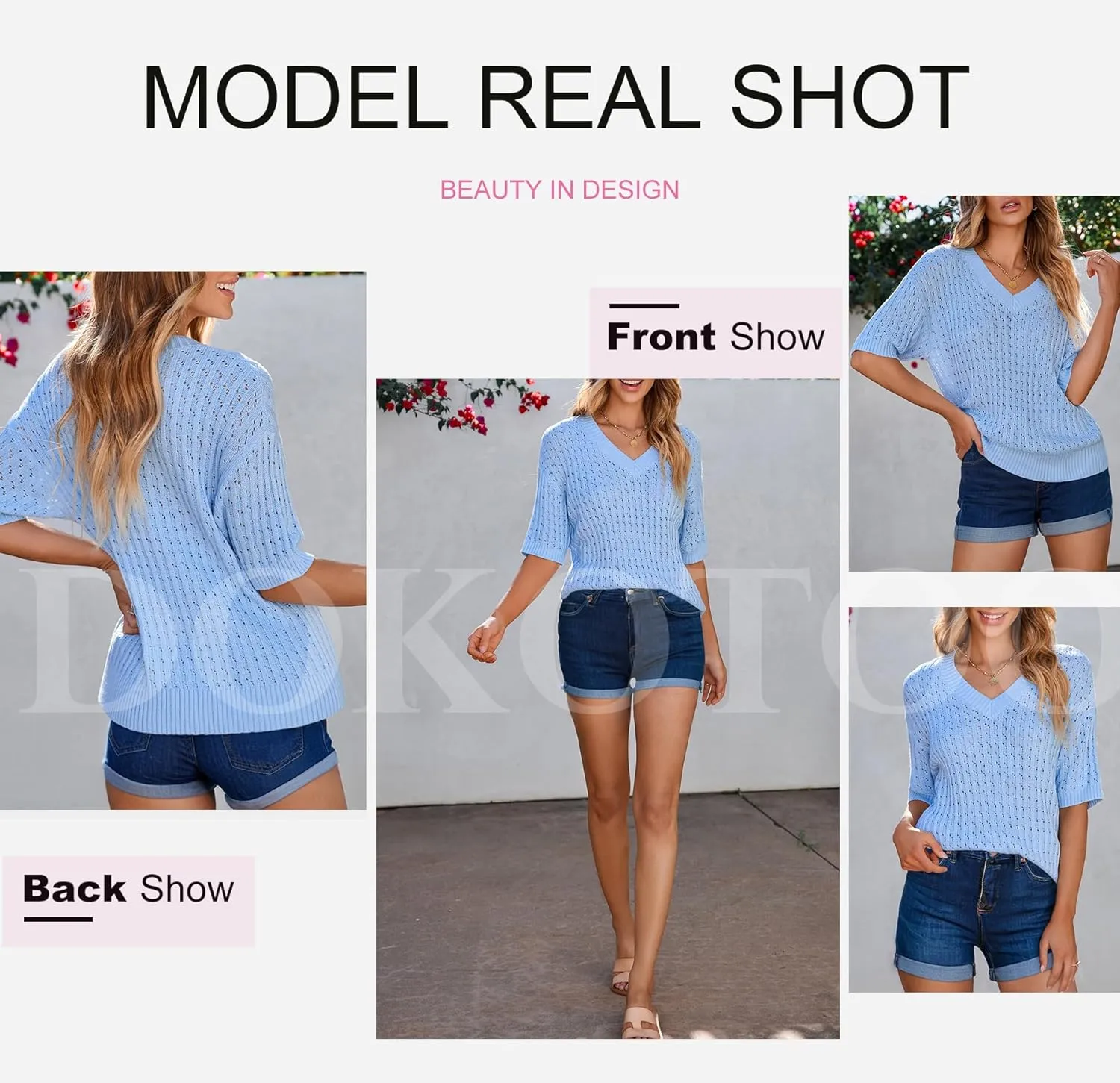 Dokotoo Womens Casual Summer Tops V Neck Short Sleeve Shirts Solid Hollow Out Lightweight Loose Fit Sweater Blouses