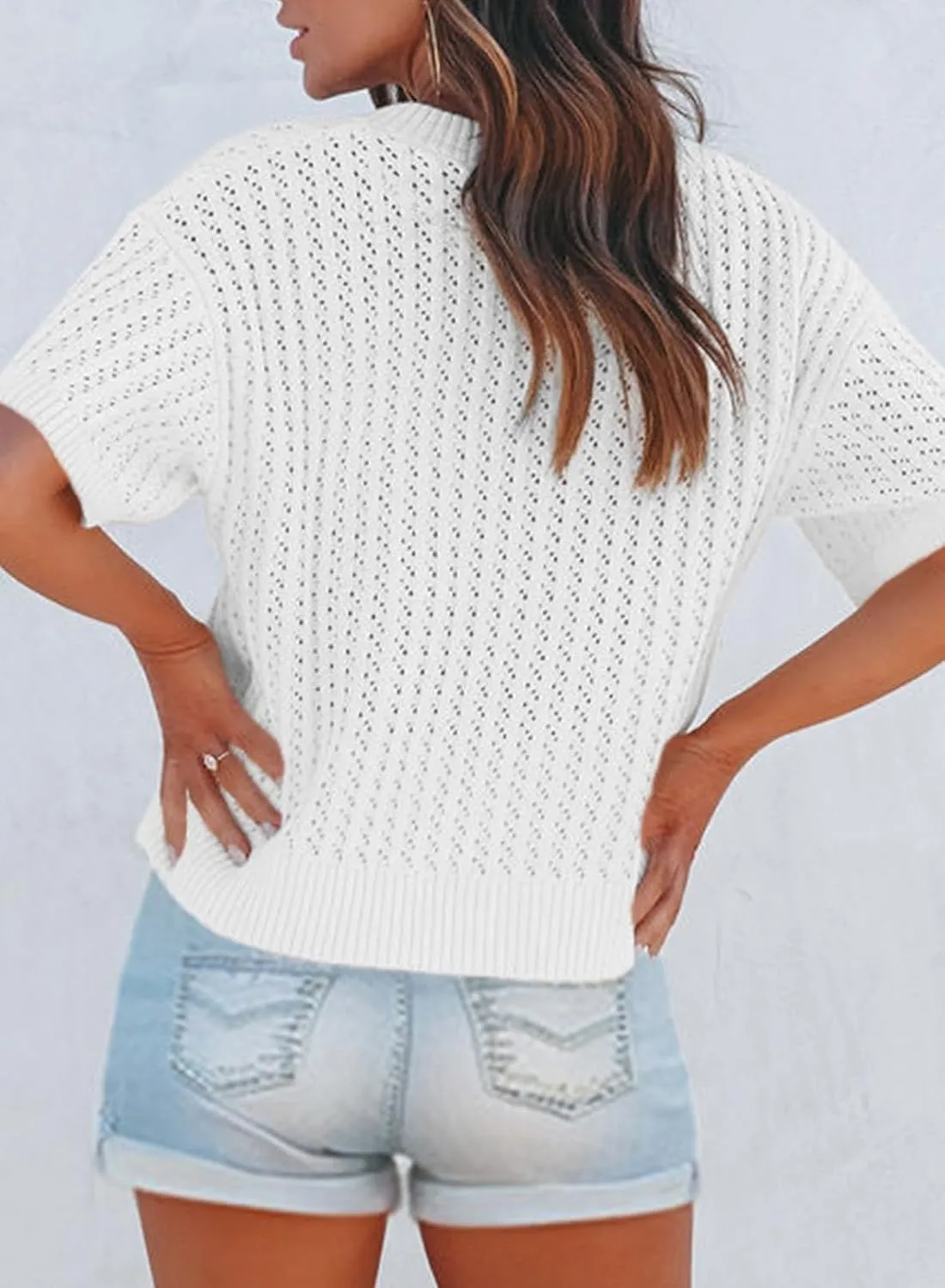 Dokotoo Womens Casual Summer Tops V Neck Short Sleeve Shirts Solid Hollow Out Lightweight Loose Fit Sweater Blouses