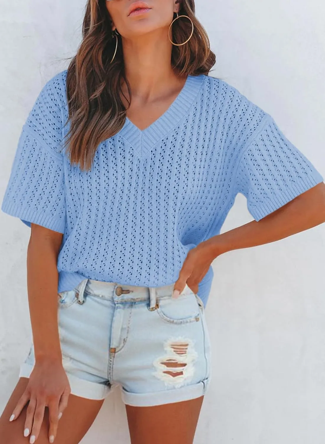 Dokotoo Womens Casual Summer Tops V Neck Short Sleeve Shirts Solid Hollow Out Lightweight Loose Fit Sweater Blouses