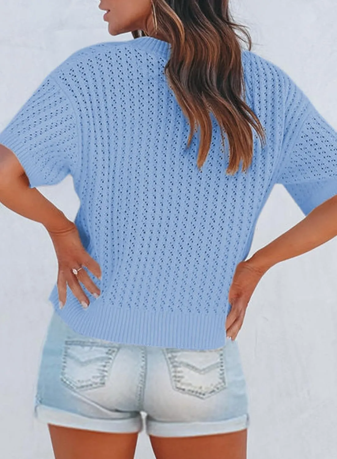 Dokotoo Womens Casual Summer Tops V Neck Short Sleeve Shirts Solid Hollow Out Lightweight Loose Fit Sweater Blouses