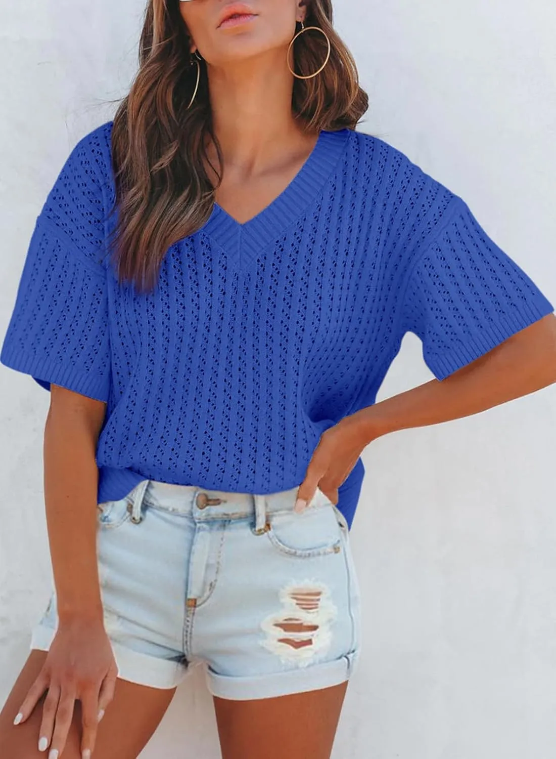 Dokotoo Womens Casual Summer Tops V Neck Short Sleeve Shirts Solid Hollow Out Lightweight Loose Fit Sweater Blouses