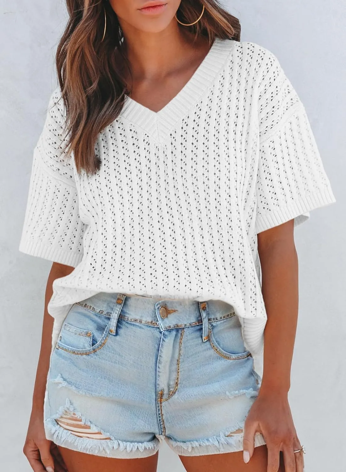 Dokotoo Womens Casual Summer Tops V Neck Short Sleeve Shirts Solid Hollow Out Lightweight Loose Fit Sweater Blouses