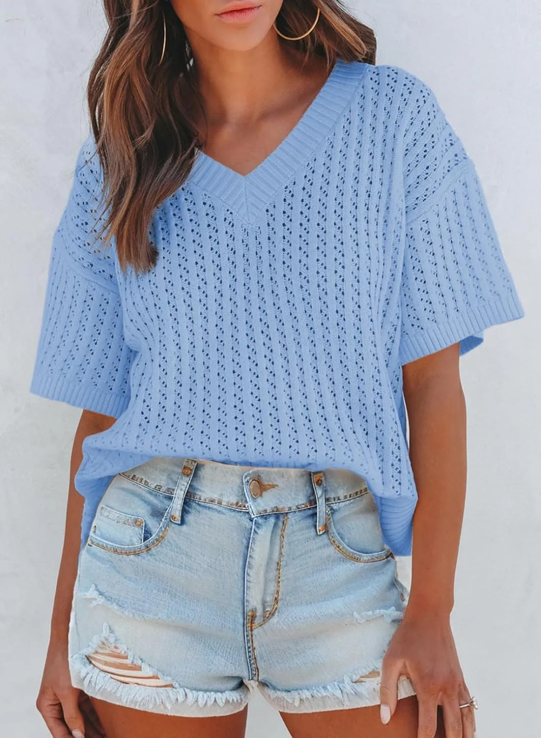 Dokotoo Womens Casual Summer Tops V Neck Short Sleeve Shirts Solid Hollow Out Lightweight Loose Fit Sweater Blouses
