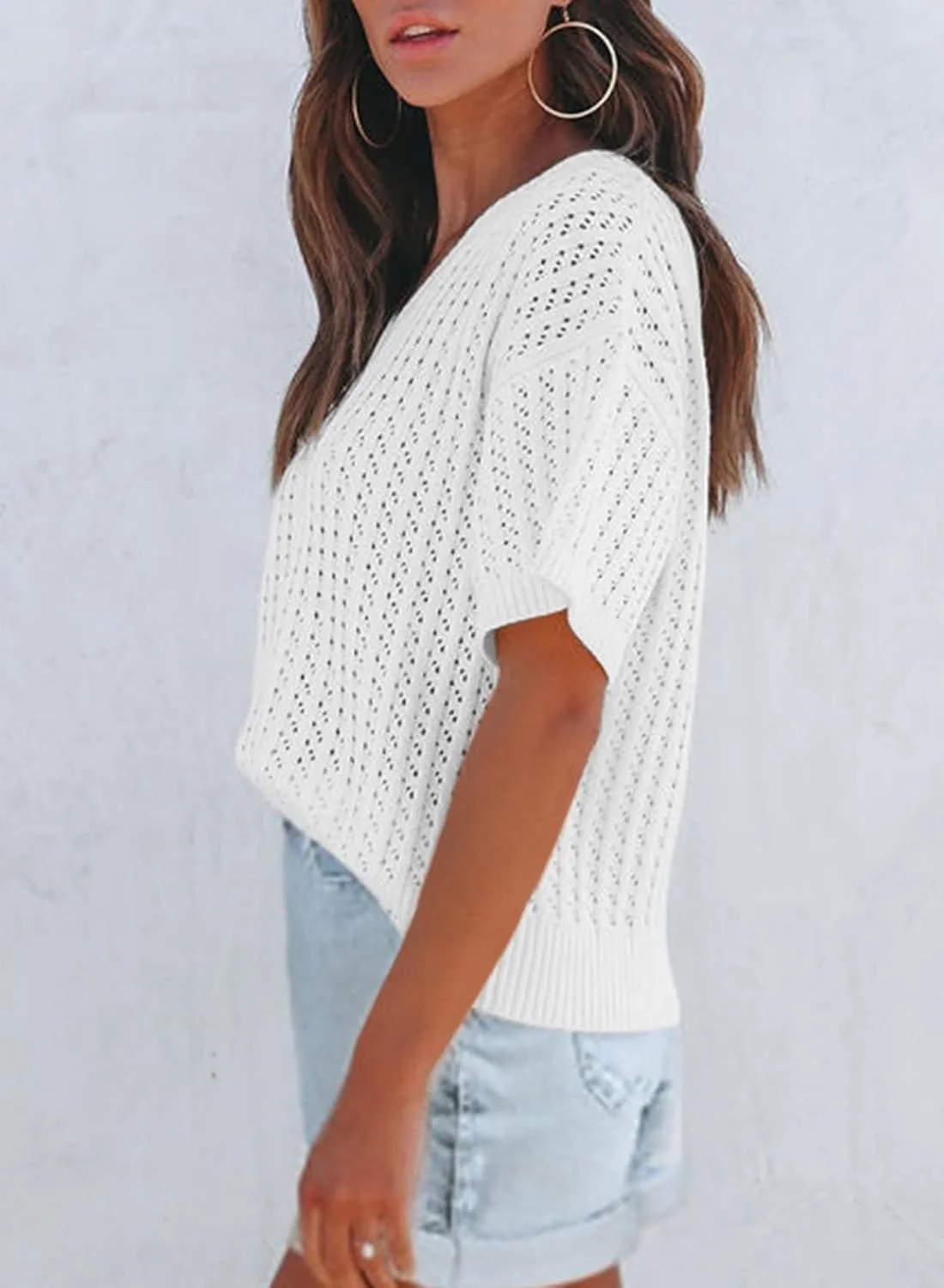 Dokotoo Womens Casual Summer Tops V Neck Short Sleeve Shirts Solid Hollow Out Lightweight Loose Fit Sweater Blouses
