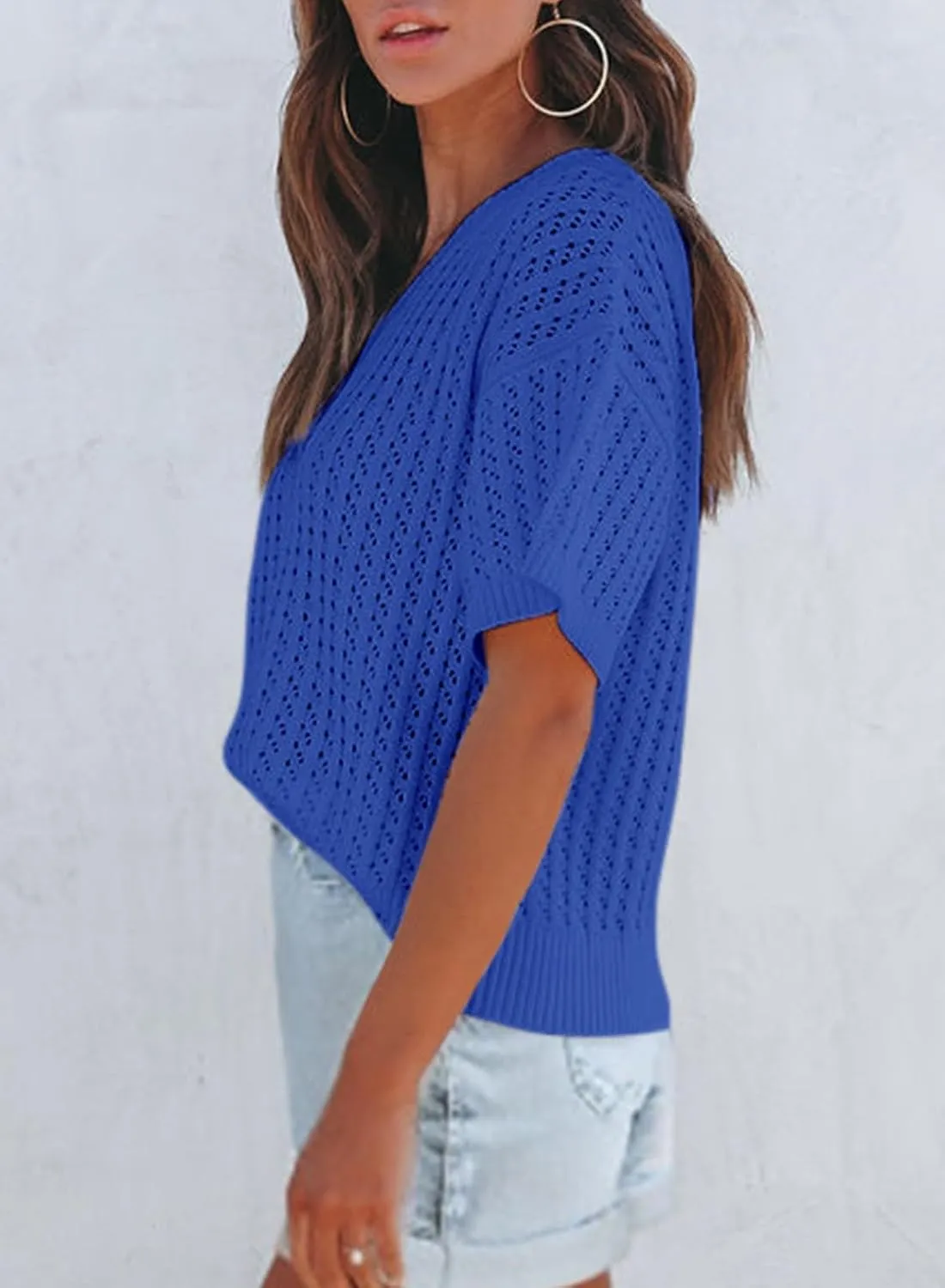 Dokotoo Womens Casual Summer Tops V Neck Short Sleeve Shirts Solid Hollow Out Lightweight Loose Fit Sweater Blouses