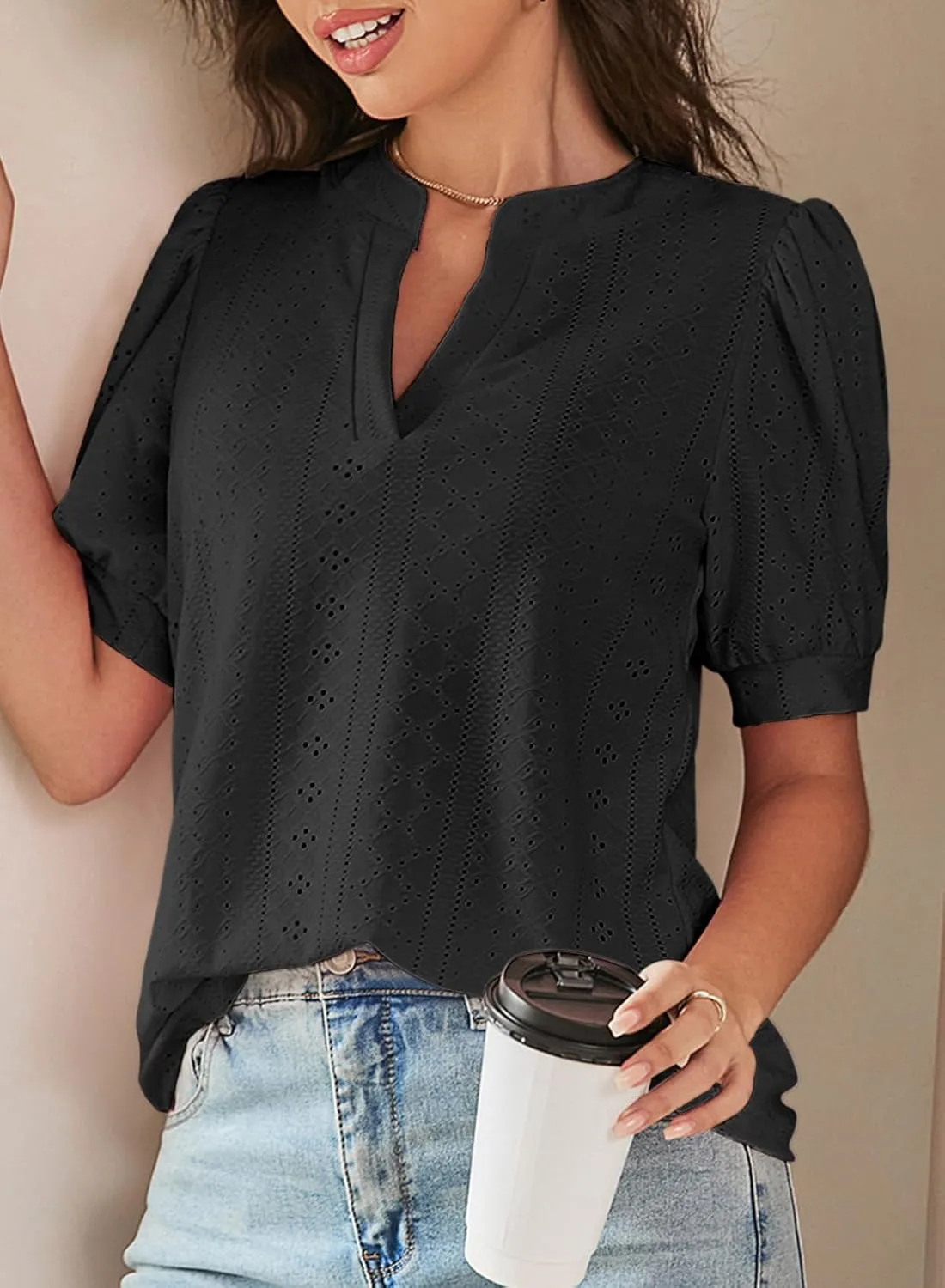 Dokotoo Womens Summer Business Casual Blouses V Neck Short Sleeve Shirts Hollow Out Cute Lace Tops