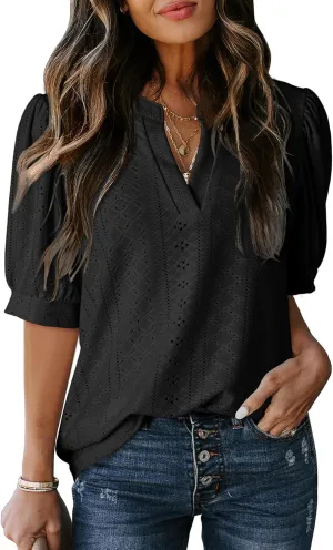 Dokotoo Womens Summer Business Casual Blouses V Neck Short Sleeve Shirts Hollow Out Cute Lace Tops