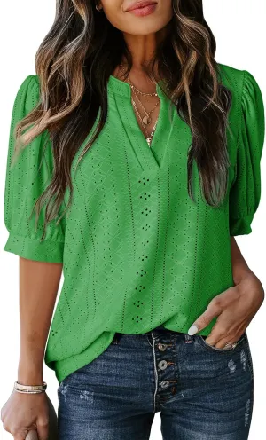 Dokotoo Womens Summer Business Casual Blouses V Neck Short Sleeve Shirts Hollow Out Cute Lace Tops