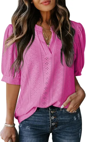 Dokotoo Womens Summer Business Casual Blouses V Neck Short Sleeve Shirts Hollow Out Cute Lace Tops
