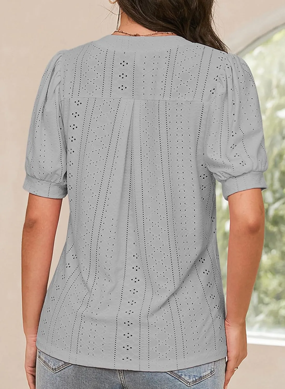 Dokotoo Womens Summer Business Casual Blouses V Neck Short Sleeve Shirts Hollow Out Cute Lace Tops