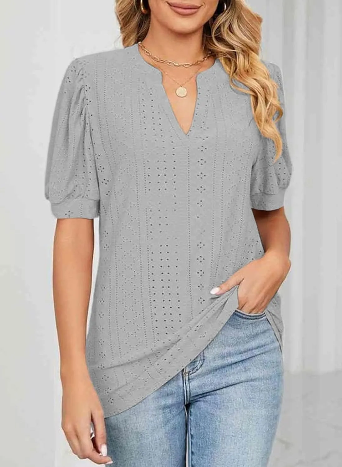 Dokotoo Womens Summer Business Casual Blouses V Neck Short Sleeve Shirts Hollow Out Cute Lace Tops