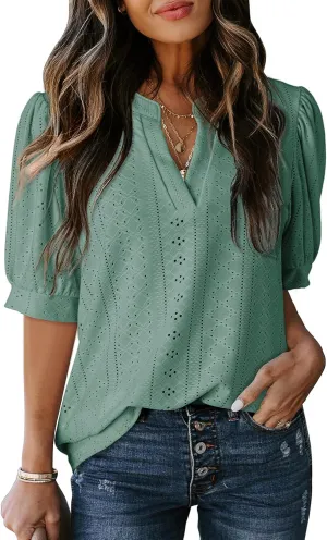 Dokotoo Womens Summer Business Casual Blouses V Neck Short Sleeve Shirts Hollow Out Cute Lace Tops