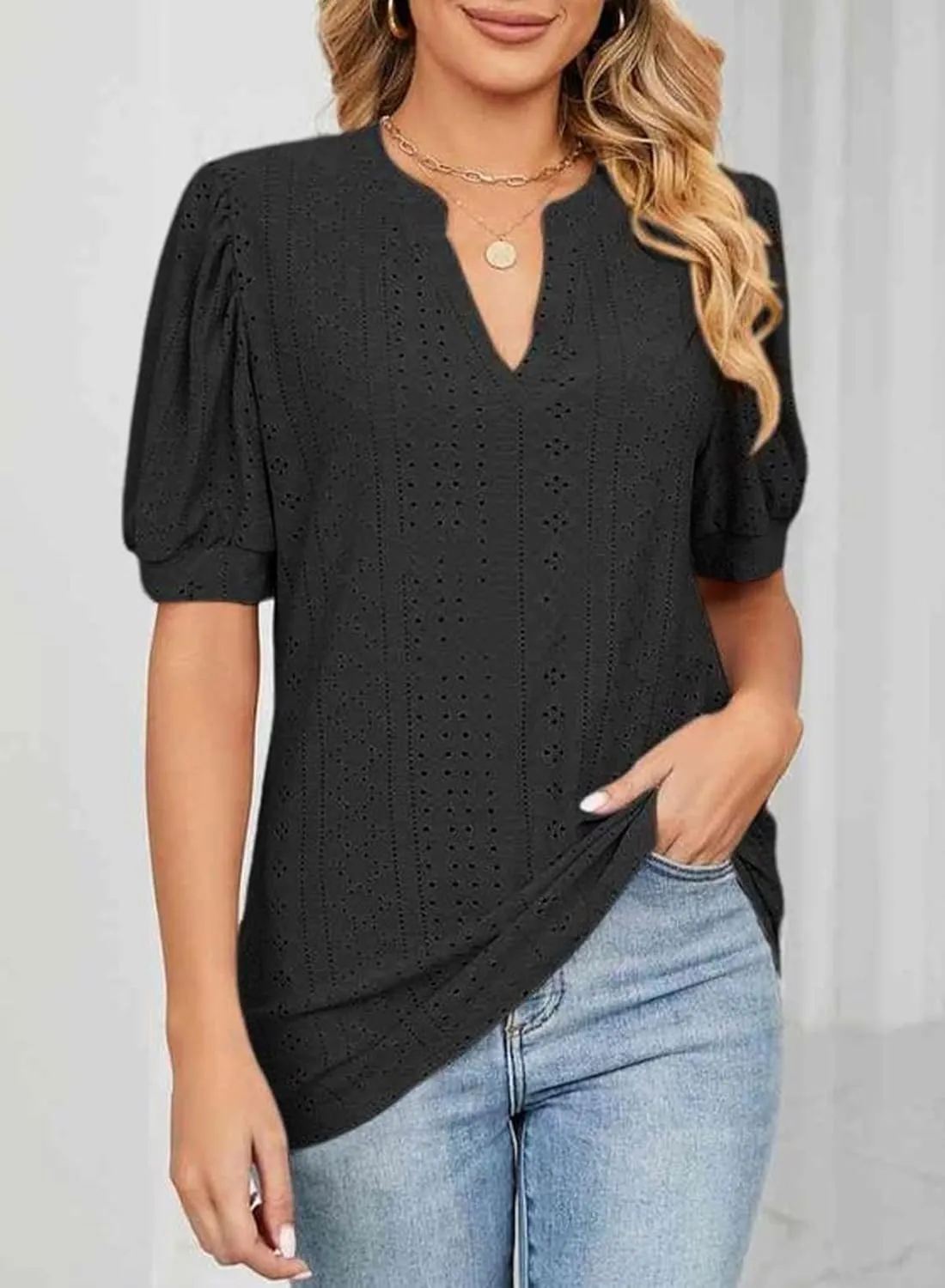 Dokotoo Womens Summer Business Casual Blouses V Neck Short Sleeve Shirts Hollow Out Cute Lace Tops